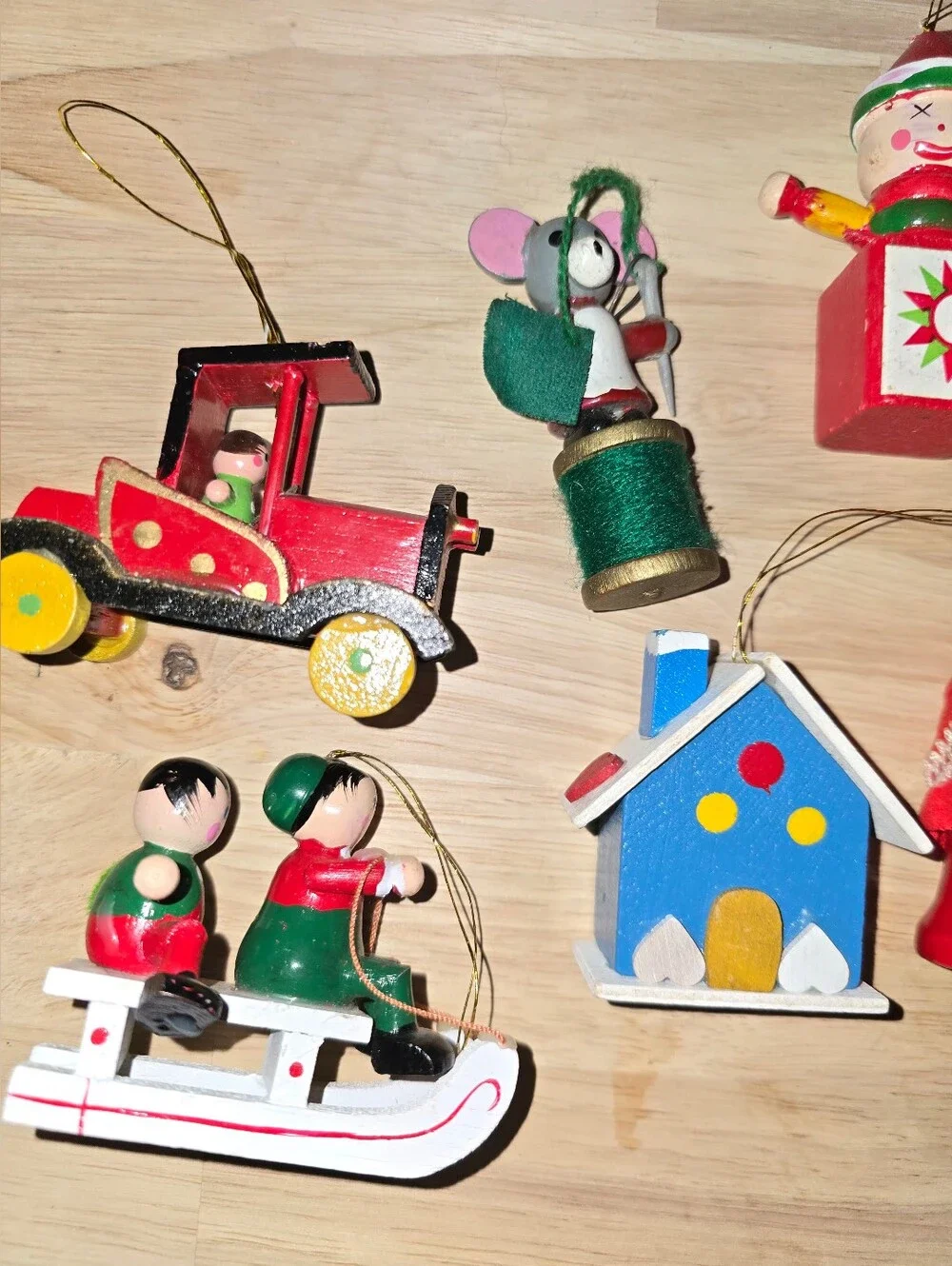 Set Of 12 Vintage Wooden Christmas Ornaments